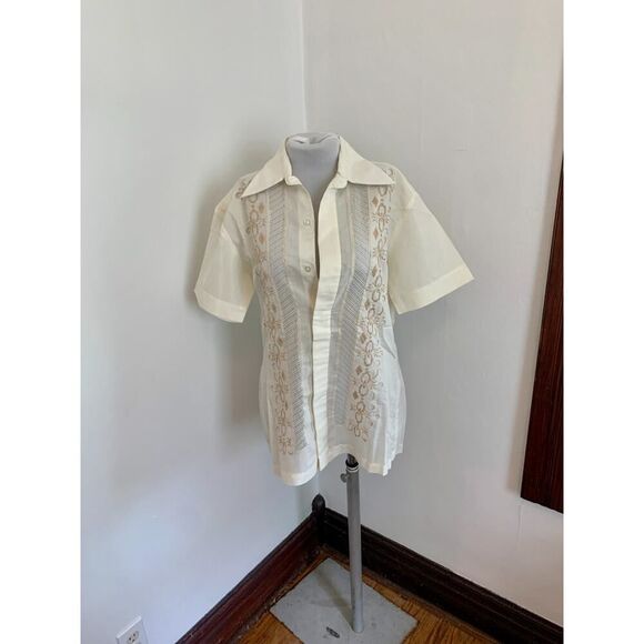 VTG Barong Tagalog Shirt Men’s SMALL Filipino Embroidered Ivory Button Shirt - Picture 5 of 12